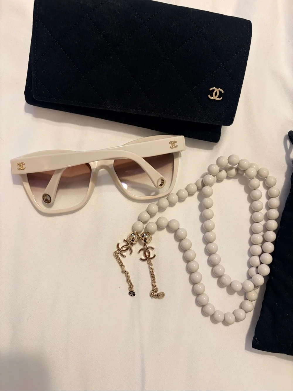 CHANEL Cream Sunglasses with Gold CC Hardware